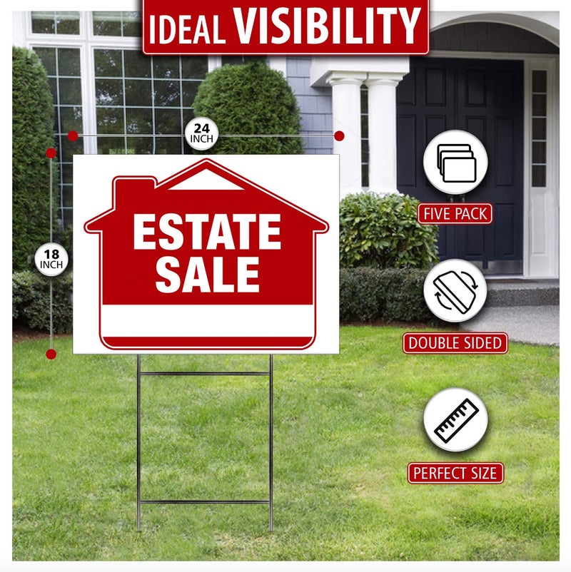 SignHero Estate Sale Signs (5 Pack) â€“ Premium LARGE 24â€ x 18â€ Double-Sided Estate Sale Signs with Heavy Duty Stakes â€“ Garage Sale Yard with Directional Arrows - Image 3